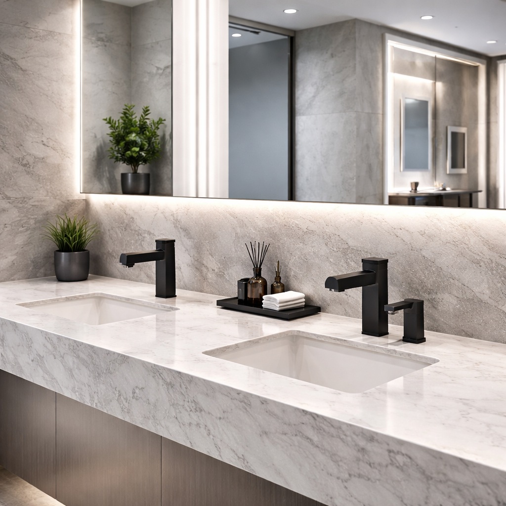 High traffic commercial restroom sink line with coordinated fixtures